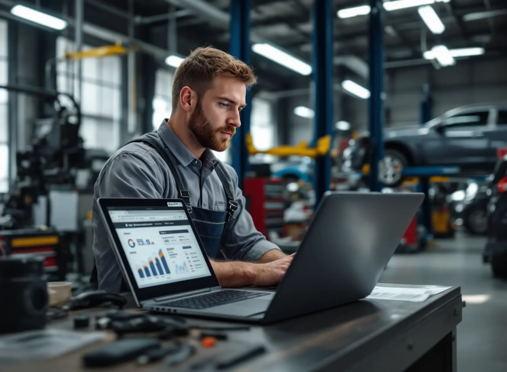 Automotive shop owner analyzing local SEO results on laptop inside a professional auto service center.