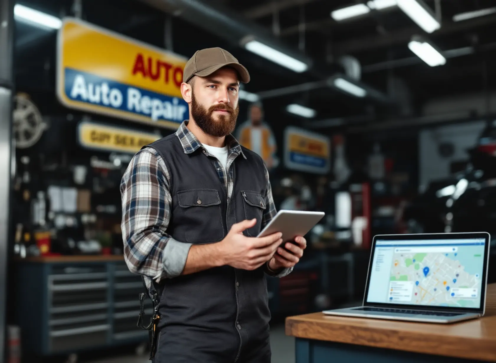 Auto repair shop owner using tablet for local SEO outside busy neighborhood garage.