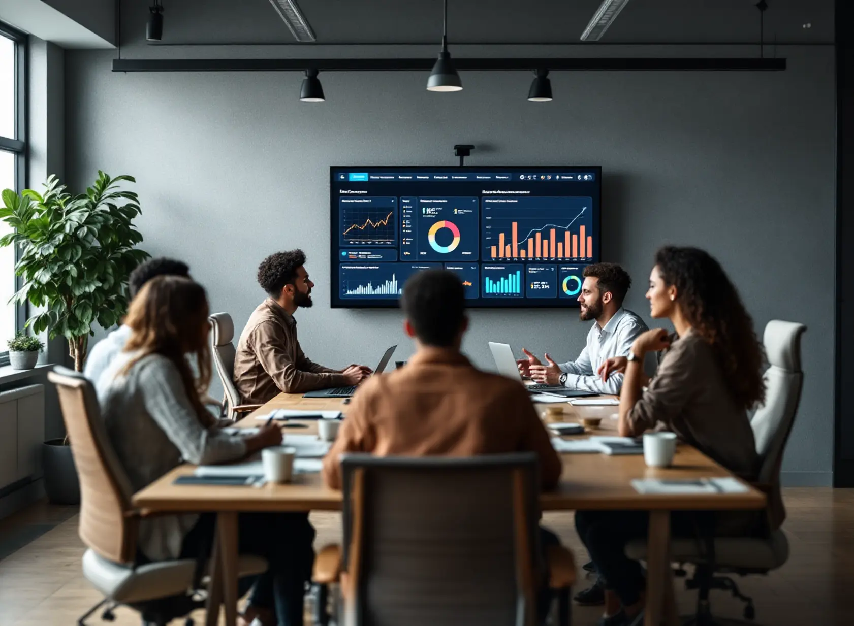 Product marketers using dashboards to automate product events marketing campaigns in modern tech office.