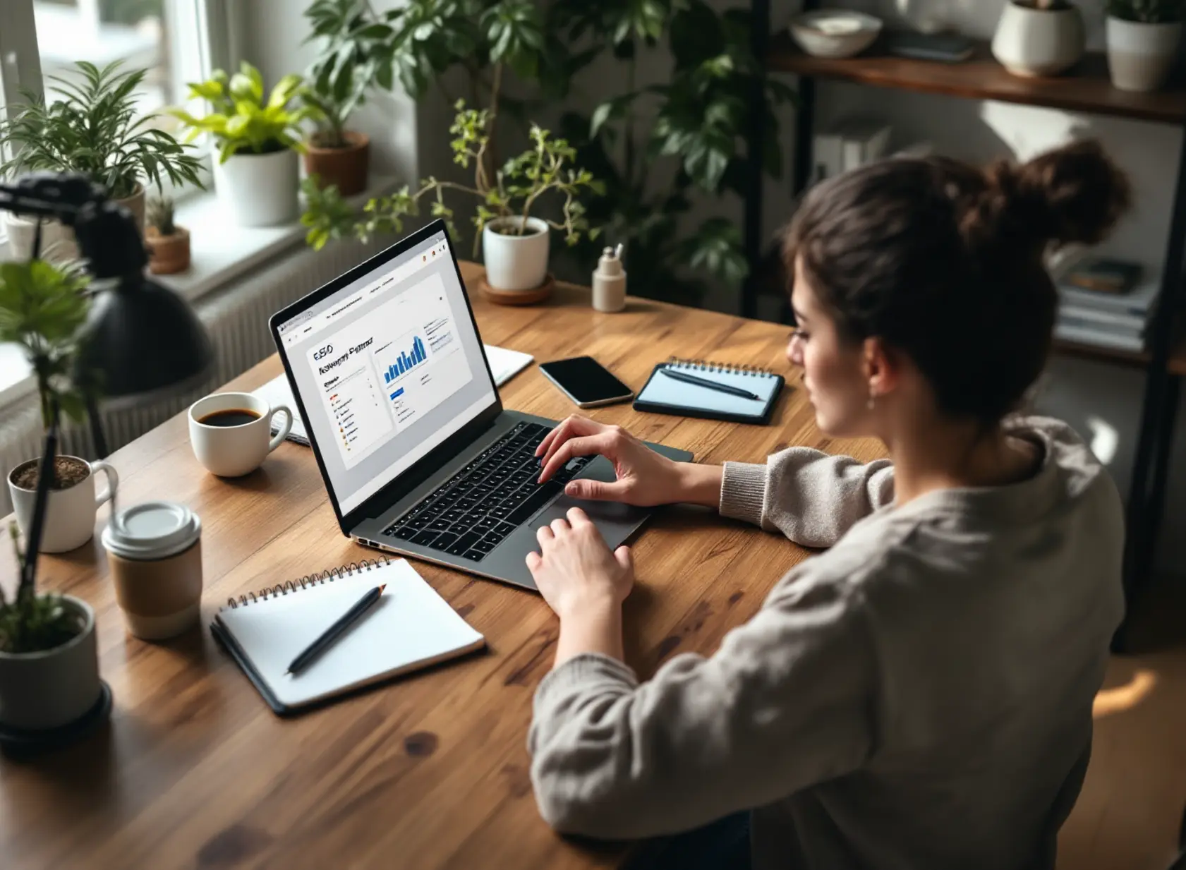 Small business owner learning SEO for Dummies using laptop and notes in a natural-lit home office.