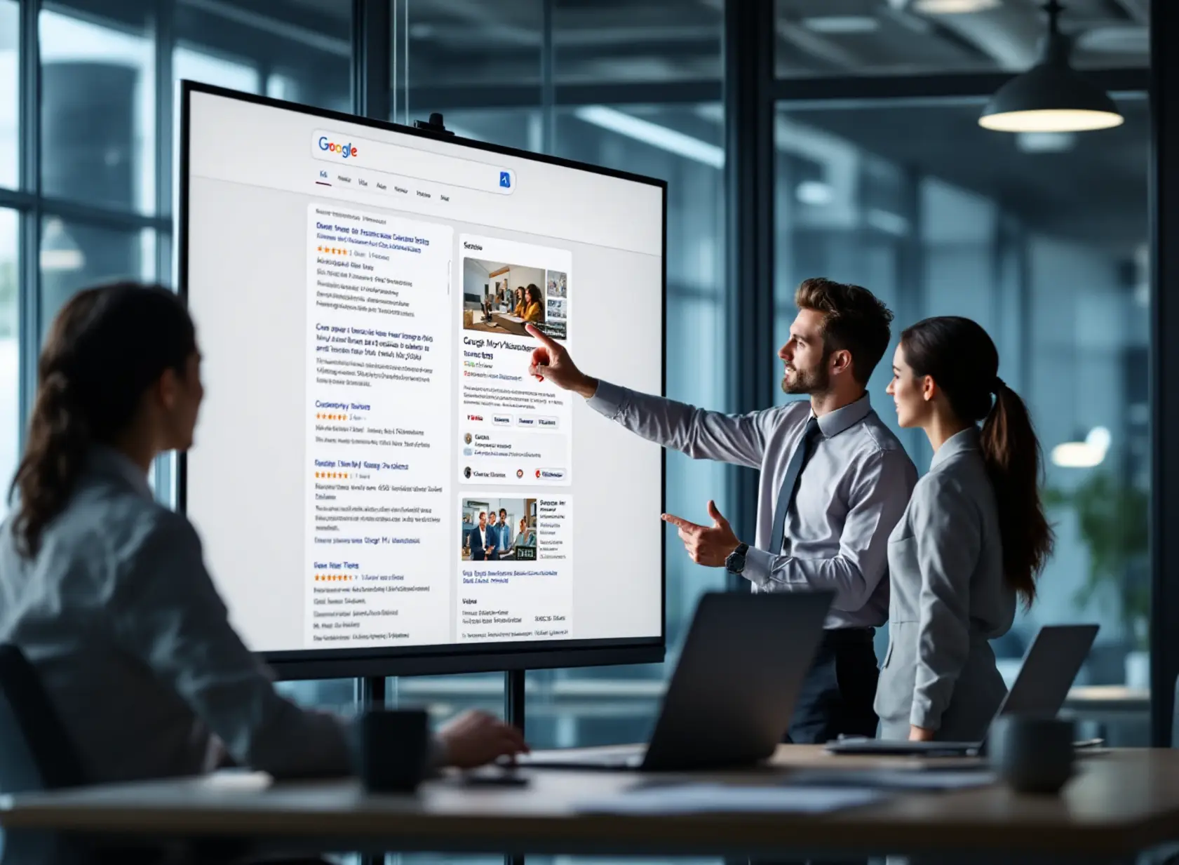 Marketing team reviewing branded search results for SEO reputation management on a digital screen.