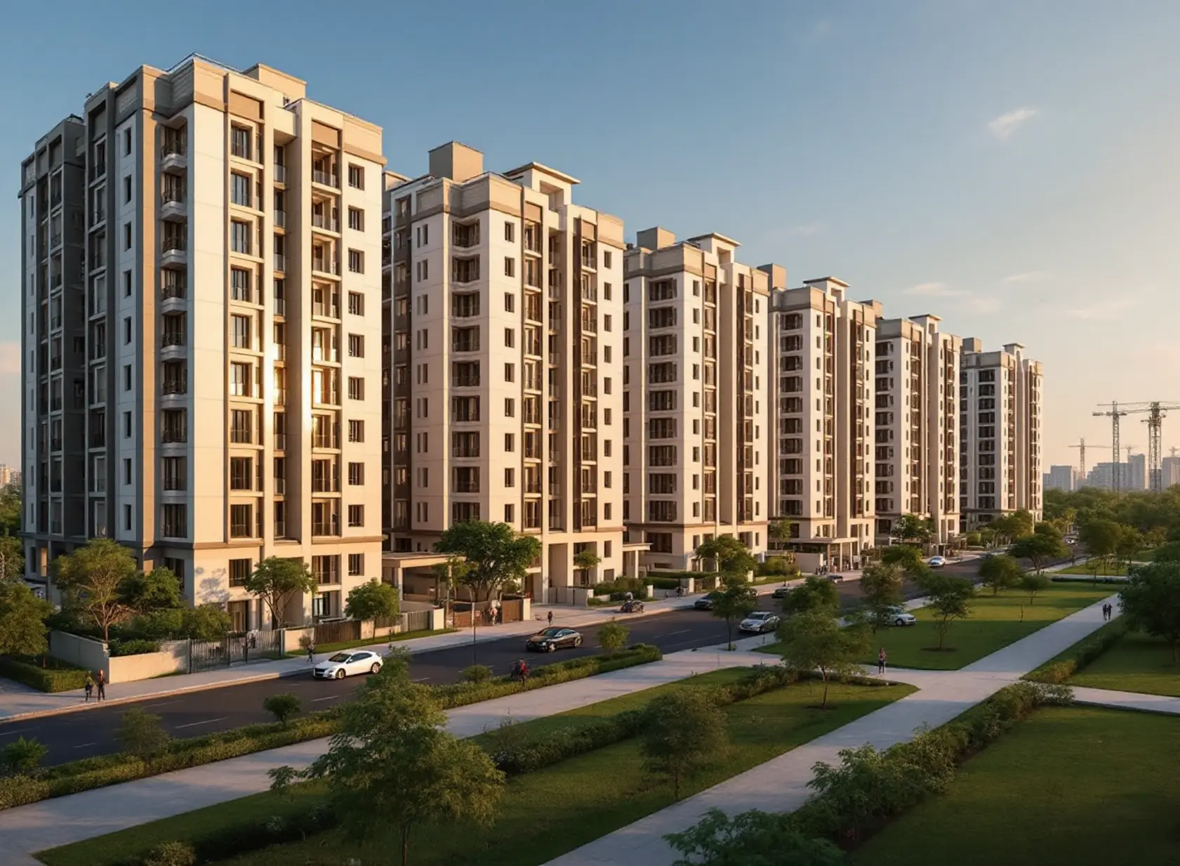 Affordable housing investment view of Signature Global Sarvam buildings near Dwarka Expressway at sunset.