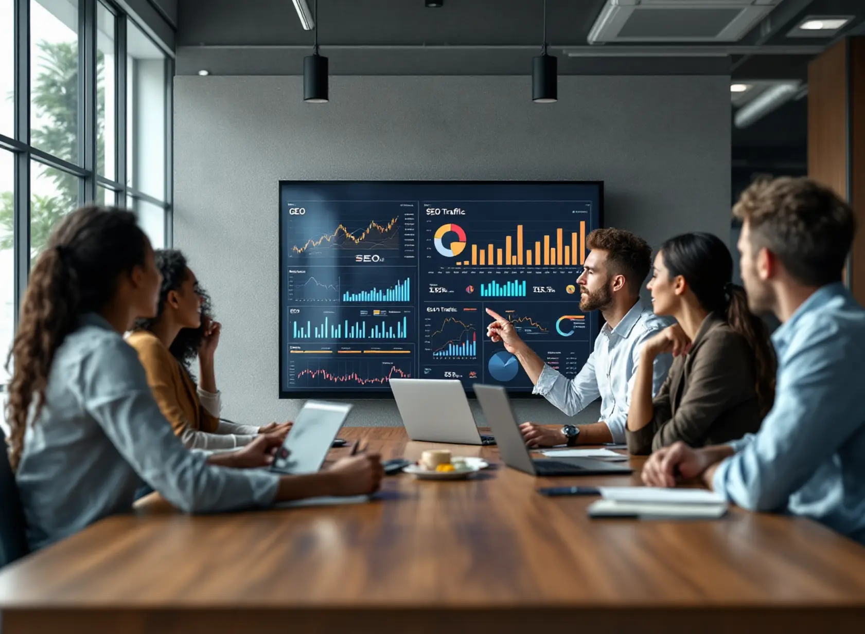Digital marketers reviewing GEO vs SEO analytics on large screen in modern office.