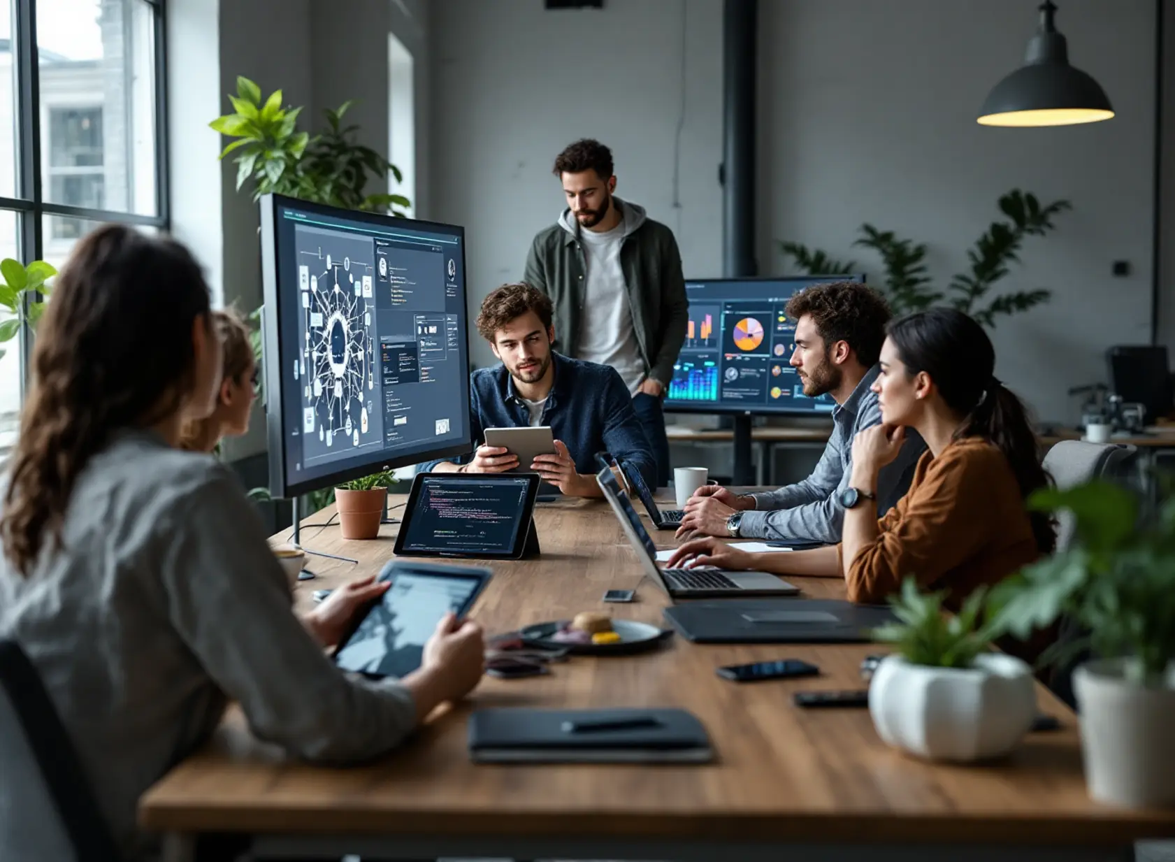 Team of tech professionals exploring how AI works in a modern workspace with laptops and neural network visuals.