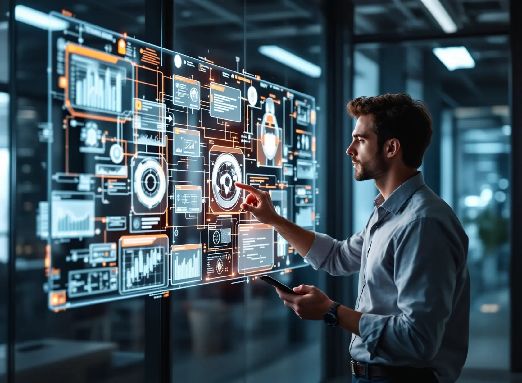 Tech researcher analyzing agentic AI workflows on interactive digital interface in modern office.