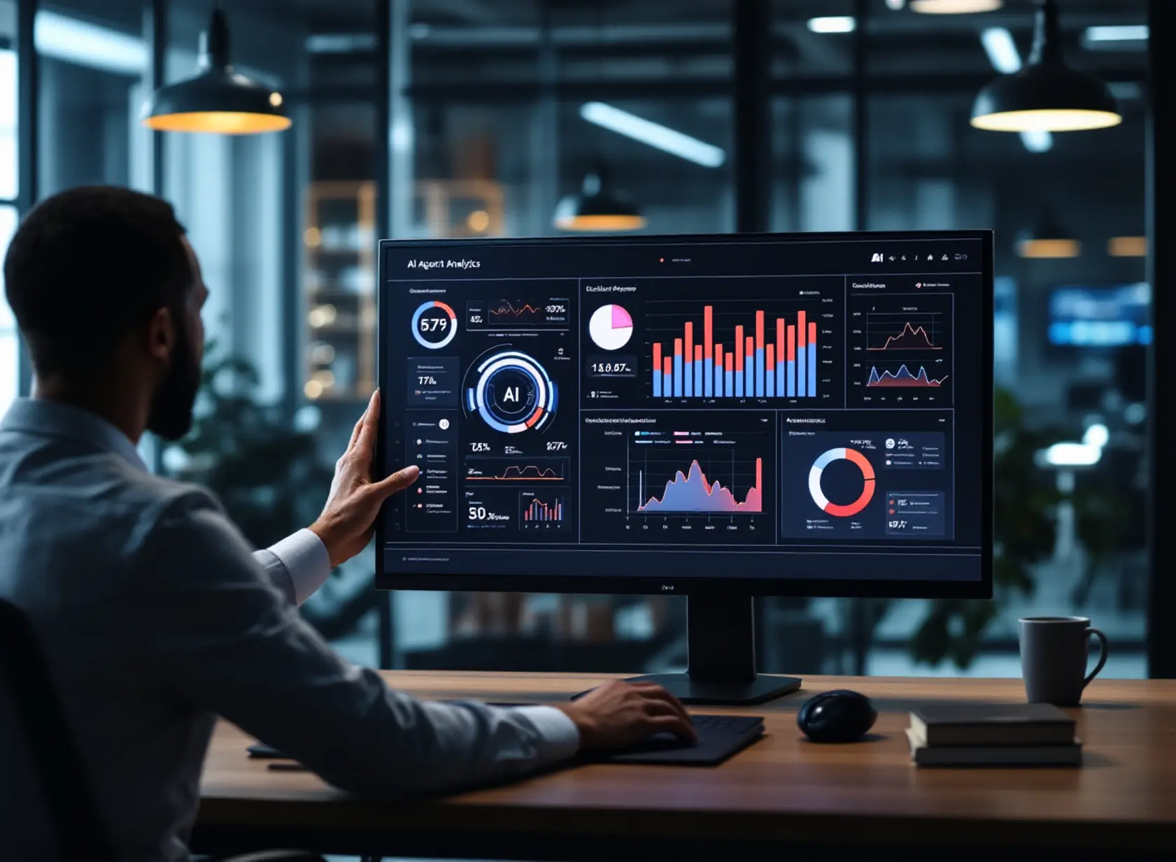 Professional reviews AI agent dashboard with real-time analytics in modern tech workspace.