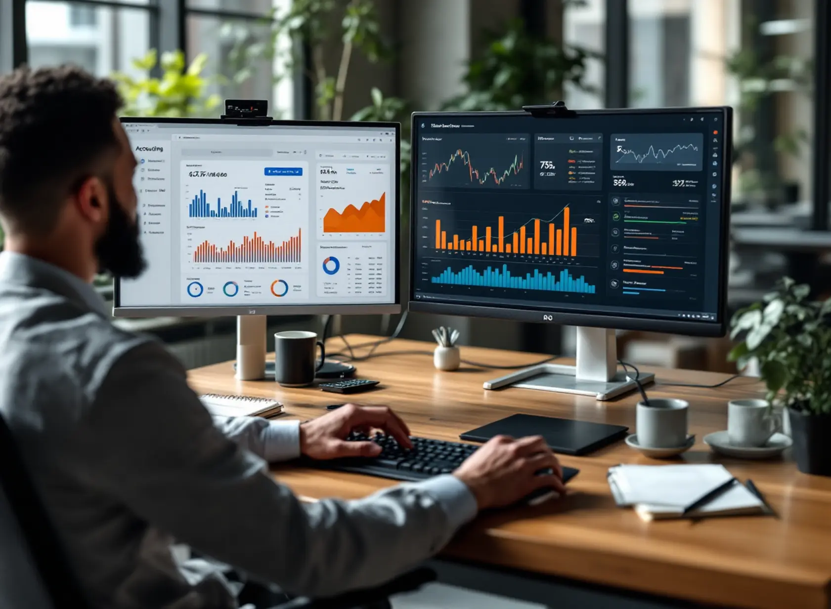 Accountant using AI software to automate tasks like invoice processing and financial analytics.